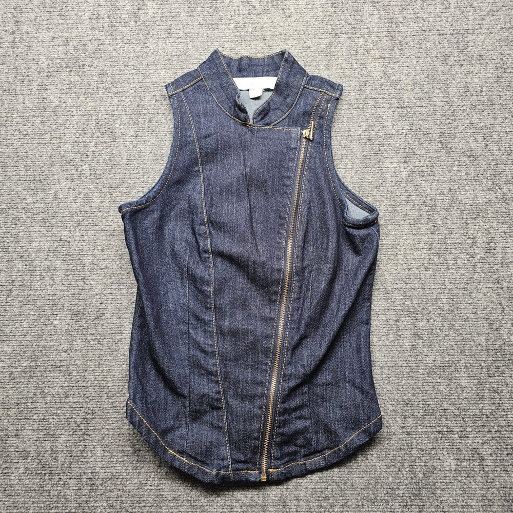 Nicki Minaj Dark Wash Denim Vest Asymmetrical Zip Mock Neck XS Indigo Gold Zip